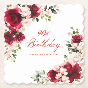 90e Verjaardag Party Rood Roze Bloemen Custom Kartonnen Onderzetters