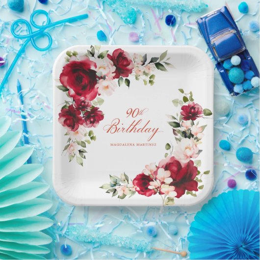 90e Verjaardag Party Rood Roze Bloemen Custom Papieren Bordje (Feest)