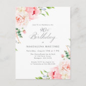 90e Verjaardag Party Vrouwelijke Roze Bloemen Invi Uitnodiging Briefkaart (Voorkant)