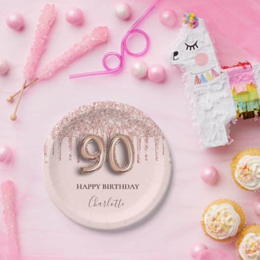 90e verjaardag roos goud glitter roze ballonstijl papieren bordje (Feest)