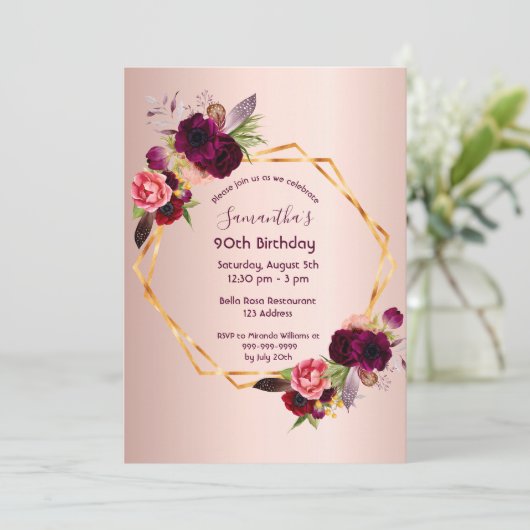 90e verjaardag roos gouden roze florale luxe kaart (Staand voorkant)