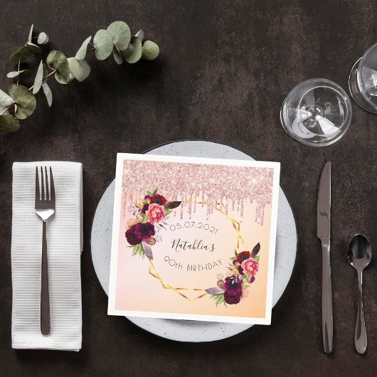 90e verjaardag roos goudroze geometrische glitter servet