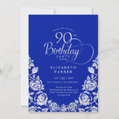 90e verjaardag Royal Blue Silver Rozen Kaart (Voorkant)