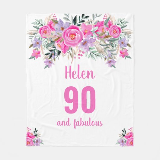 90e verjaardag roze floral fleece deken (Voorkant)