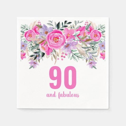 90e verjaardag roze floral party napkins servet (Voorkant)