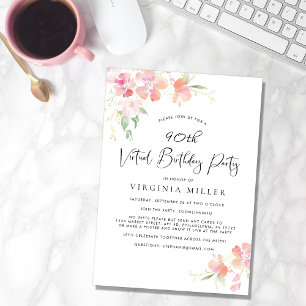90e verjaardag Roze Floral Waterverf Virtuele part Kaart