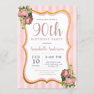 90e verjaardag Roze Stripe Floral Gold Glitter Chi Kaart