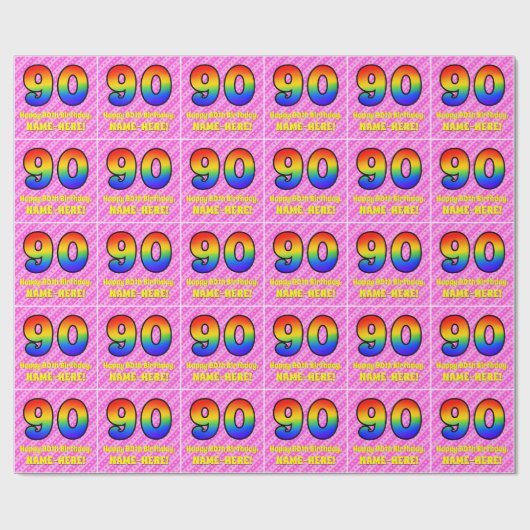 90e verjaardag: roze strips & harten, regenboognr. cadeaupapier (Vlak)