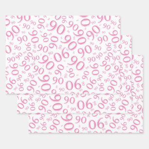 90e verjaardag Roze & Wit Random Number Pattern Inpakpapier Vel