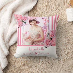 90e verjaardag roze witte strepen bloemfoto kussen