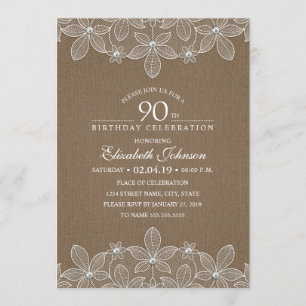 90e verjaardag Rustic Burlap Pearls and Lace Kaart