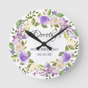 90e verjaardag Rustic Paarse Floral Ronde Klok