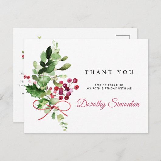 90e verjaardag Rustic Winter Greenery Dank u Briefkaart (Voorkant / Achterkant)