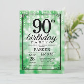 90e verjaardag uitnodiging Green Glitter (Staand voorkant)