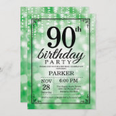 90e verjaardag uitnodiging Green Glitter (Voorkant / Achterkant)