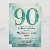 90e verjaardag Uitnodiging Turquoise Blue Gold Adu (Voorkant / Achterkant)
