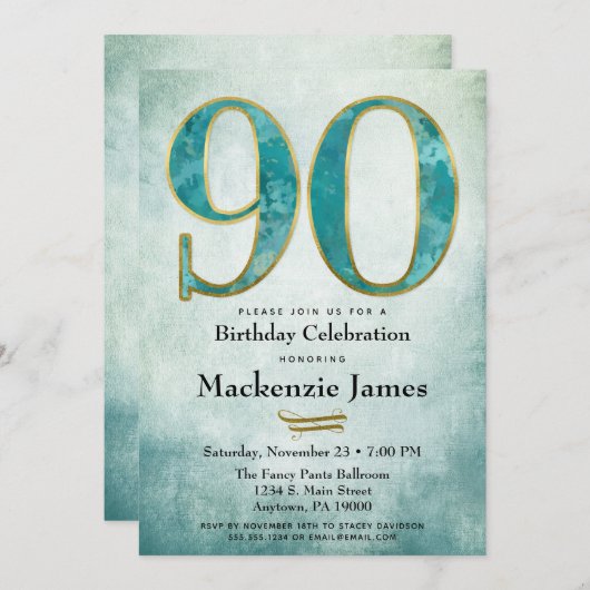 90e verjaardag Uitnodiging Turquoise Blue Gold Adu (Voorkant / Achterkant)