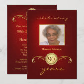 90e verjaardag Uitnodigingen - Koninklijk Rode Mon (Voorkant / Achterkant)