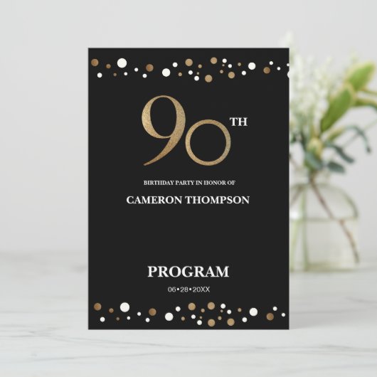90e verjaardag van Elegant Gold en Black Confetti Programma (Staand voorkant)