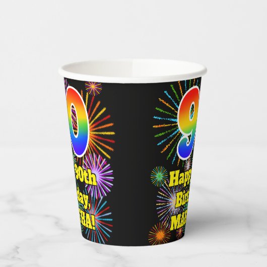 90e verjaardag: Vuurwerk Fun Pattern + Regenboog 9 Papieren Bekers (Links)