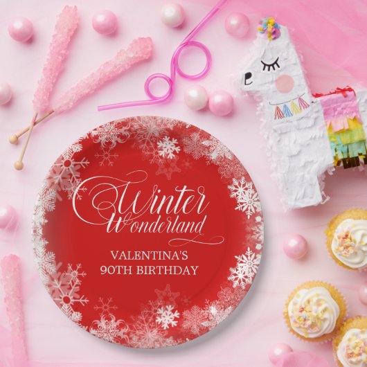 90e verjaardag Winter Wonderland Sneeuwvlok Rood Papieren Bordje (Feest)