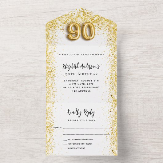90e verjaardag witte gouden feest RSVP All In One Uitnodiging (Binnen)