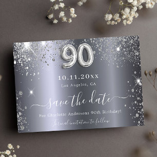 90e verjaardag zilveren glitter glam save the date