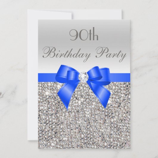 90e Verjaardag Zilveren Sequin Royal Blue Bow Diam Kaart (Voorkant)