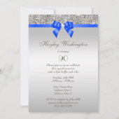 90e Verjaardag Zilveren Sequin Royal Blue Bow Diam Kaart (Achterkant)