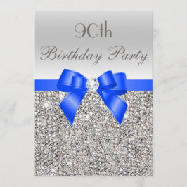 90e Verjaardag Zilveren Sequin Royal Blue Bow Diam Kaart