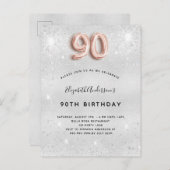 90e verjaardag zilvermetaal roos goud glitter uitnodiging briefkaart (Voorkant / Achterkant)