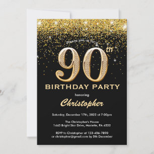 90e Verjaardag Zwart en Goud Glitters Confetti Kaart