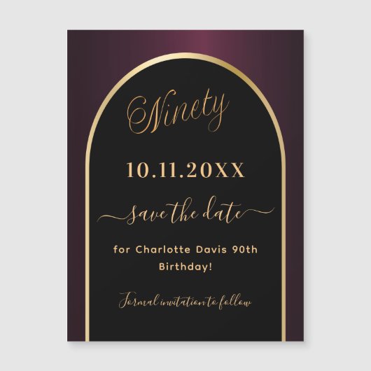 90e verjaardag zwarte bordeaux Save the Date magne (Voorkant)