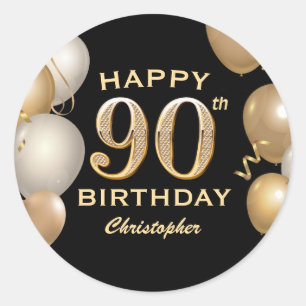 90e verjaardag Zwarte en gouden ballonnen Ronde Sticker