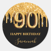 90e verjaardag zwarte gouden ballonpartij glitter ronde sticker (Voorkant)