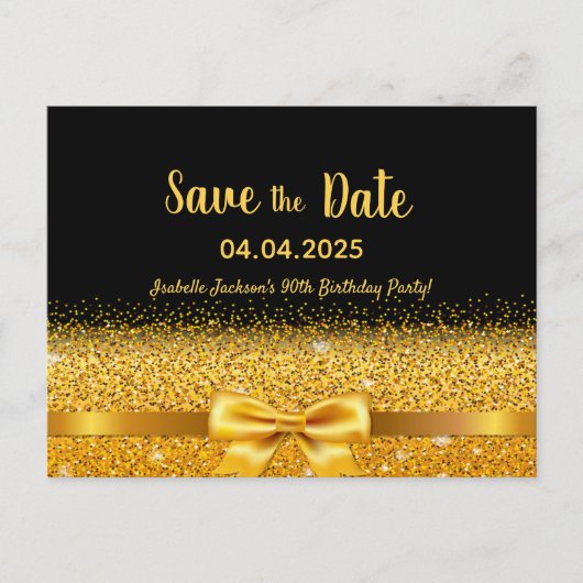 90e verjaardag zwarte gouden boog bespaart datum briefkaart (Voorkant)