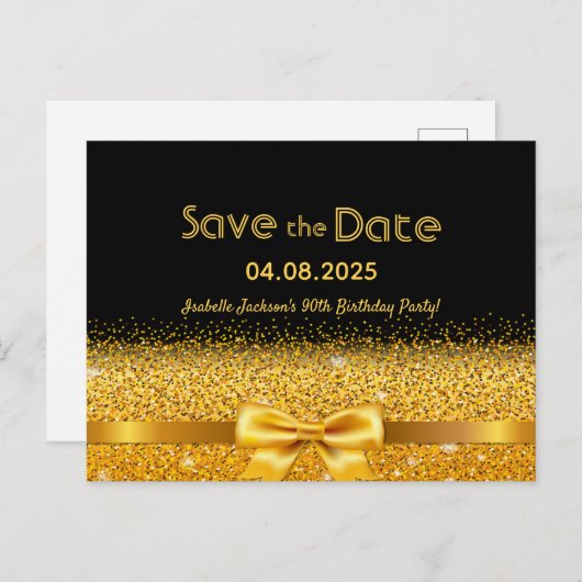90e verjaardag zwarte gouden boog bespaart datum briefkaart (Voorkant / Achterkant)