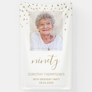 90e verjaardagsfeest Foto Gouden Confetti Wit Spandoek