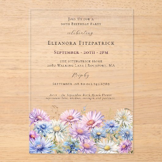 90e verjaardagsfeest september Geboortemaand Bloem Acryl Uitnodigingen (Voorkant)