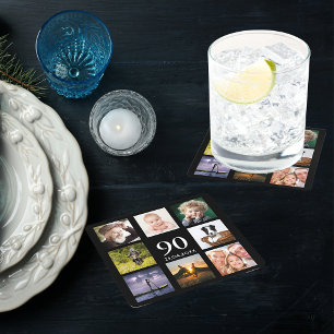 90e verjaardagsfeestje foto collage man zwarte vierkante kartonnen onderzetter