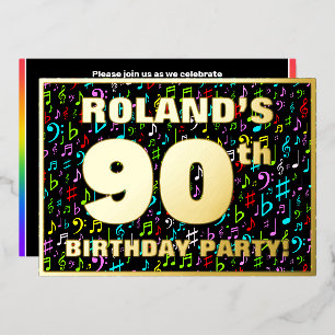 90e verpartijfeest — Leuke, kleurrijke muziek symb Folie Uitnodiging