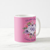 90ème Anniversaire de Mug rose floral pour femmes (Devant droit)