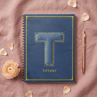 90s Blauwe Denim Appliqué Letter T Monogram Naam Notitieboek