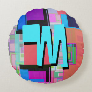 90s Geïnspireerd Kleurrijk Geometrisch Monogram Rond Kussen
