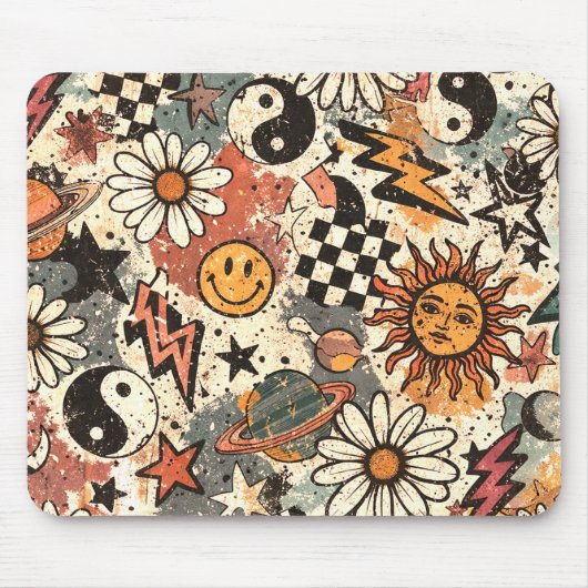 90s Happy Faces Sun Flowers Pattern Muismat (Voorkant)