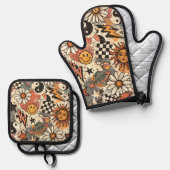 90s Happy Faces Sun Flowers Pattern Ovenwant & Pannenlap Set (Voorkant / Achterkant)