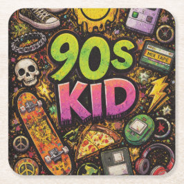 90s Kids Grunge Seamless Pattern: Pizza, Skeletons Vierkante Kartonnen Onderzetter