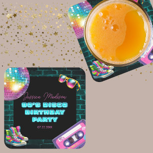 90s Neon Disco Verjaardag Vierkante Kartonnen Onderzetter
