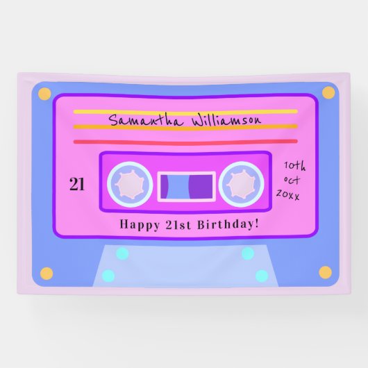 90's Roze Blauwe Pastel Cassette 21e Verjaardagsfe Spandoek (Horizontaal)