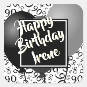 90ste Gelukkige Verjaardag - Zwart/Wit Nummerpatro Vierkante Sticker